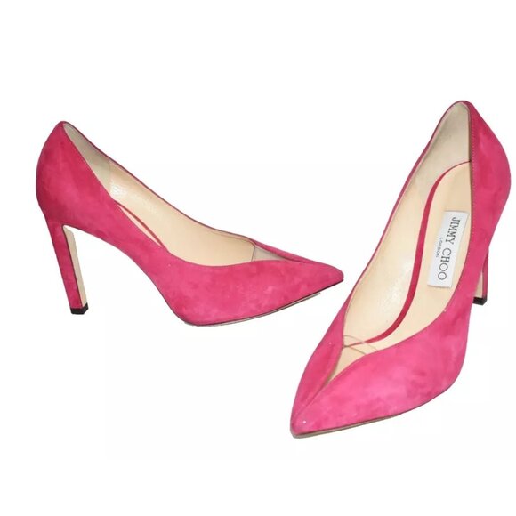 $750 JIMMY CHOO BAKER 100 PUMP SUEDE RASPBERRY RED PVC 39.5 (SE18) SEXY - Picture 2 of 9
